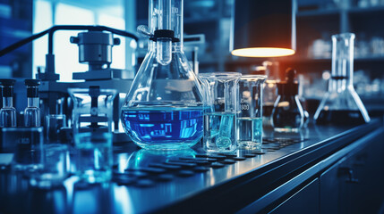 a laboratory with a view of several beakers, test tubes with water, in the style of over, high contrast, light blue and navy