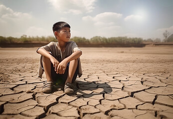 Asian teenage boy seated on cracked ground of agricultural field. World drought crisis problem.