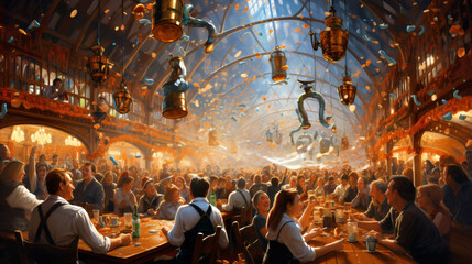 Oktoberfest munich. Beer mugs on table People drinking