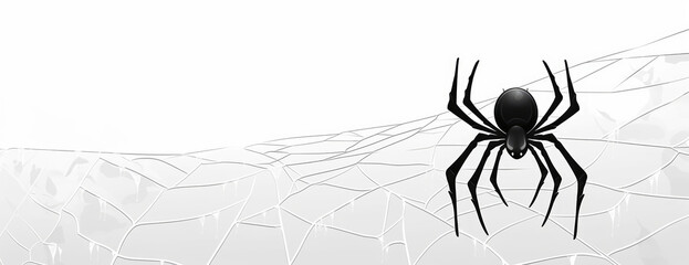Halloween spooky concept: Digital black spider on a white background with spider web, banner with copy space