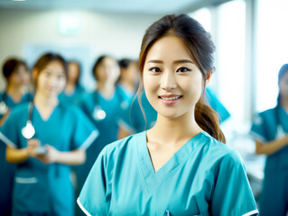 Asian nursing student standing in a hospital in medical scrubs, looking at the camera with confidence. Young female student doing her training as she studies to become a nurse. AI generated