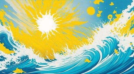 Fototapeta na wymiar Sunset colors falling over ocean waves watercolor scenery painting, impressionism, oil painting, 