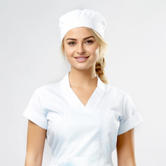 Young blonde woman doctor standing with serious expression at clinic. AI generated