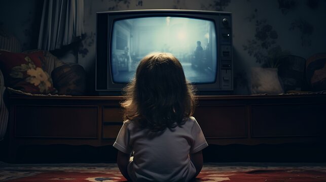 A child, a little girl, is sitting on the floor at home and watching TV.