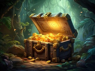 An open Treasure Chest filled with a lot of with gold coins and gems in ancient ruins in the jungle