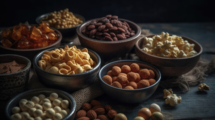 Set of different salty snacks - chips popcorn and nuts. Fast food background.