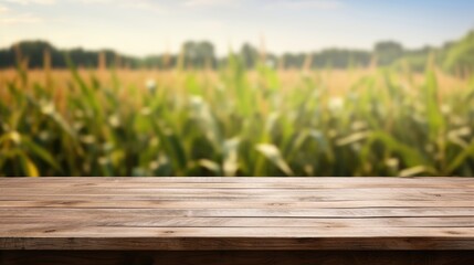 empty wooden table in modern style for product presentation with a blurred corn field and an old barn in the background