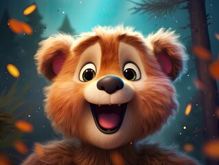 a cute and happy bear with eyes wide open in cartoon style