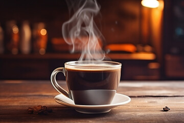 Cup of steamy hot black coffee with warm steam cloud in a white mug with vintage cafe ceramic jar on an old wood coffee shop counter table