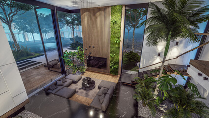 3d rendering of expensive cozy interior with green walls with living dining zone stair and kitchen for sale or rent. Warm interior lighting combined with cold light from night street