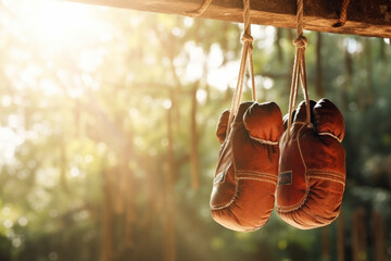 Old boxing gloves hang on nail - Powered by Adobe