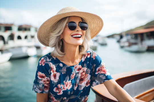 Mature woman wearing sunglasses enjoying her holidays. Generative AI.