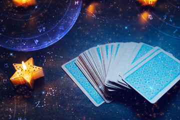 tarot cards and astrology, esotericism and prediction of the future - obrazy, fototapety, plakaty