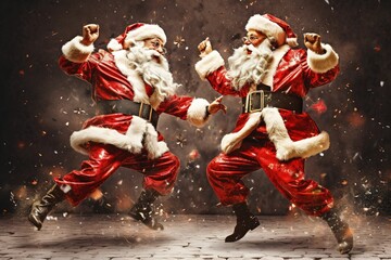 Creative retro 3d magazine collage images of hipster two santa claus dancing christmas dance...