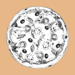 Traditional italian dishes. Hand-drawn illustration of Pizza. Vector. Ink drawing. 