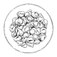 Traditional italian dishes. Hand-drawn illustration of Tortellini. Vector. Ink drawing. 