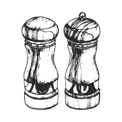 Hand-drawn illustration of Salt and Pepper Mills. Kitchen Tools. Vector. Ink drawing. 