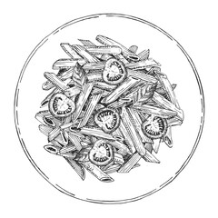 Traditional italian dishes. Hand-drawn illustration of Tortellini. Vector. Ink drawing. 