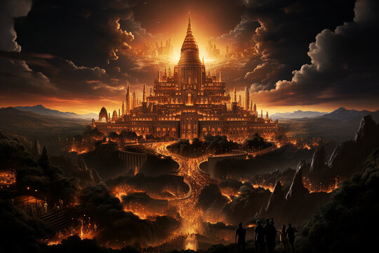 Ancient city of Babylon with the tower of Babel, bible and religion, new testament, speech in different languages, generative AI
