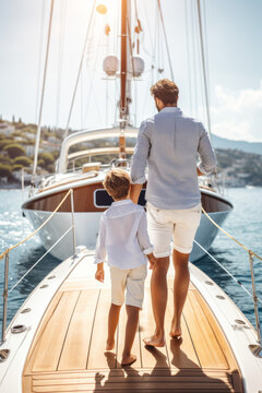 Back View Of Father And Son Family Sailing On A Luxury Yacht