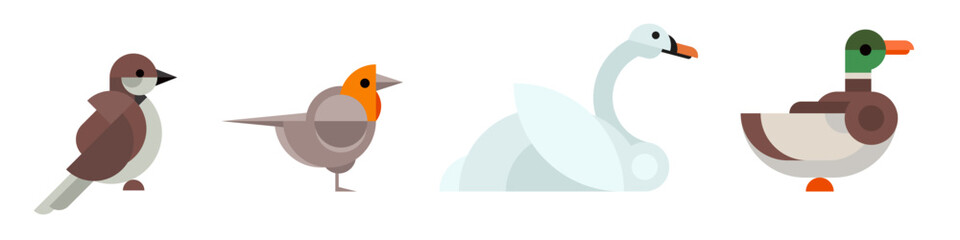 Set abstract geometric birds in modern fashion minimal art style. Duck, swan, sparrow, robin. Cartoon bright concept design. Decorative bauhaus composition. Creative vector flat illustration.