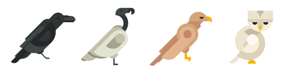 Set abstract geometric birds in modern fashion minimal art style. Raven, owl, hawk, vulture. Cartoon bright concept design. Decorative bauhaus composition. Creative vector flat illustration.