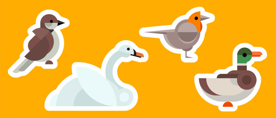 Duck, swan, sparrow, robin. Set bright geometric sticker, patch or badge with birds in minimal mosaic fashion style. Collection simple retro design elements. Vintage vector illustration.