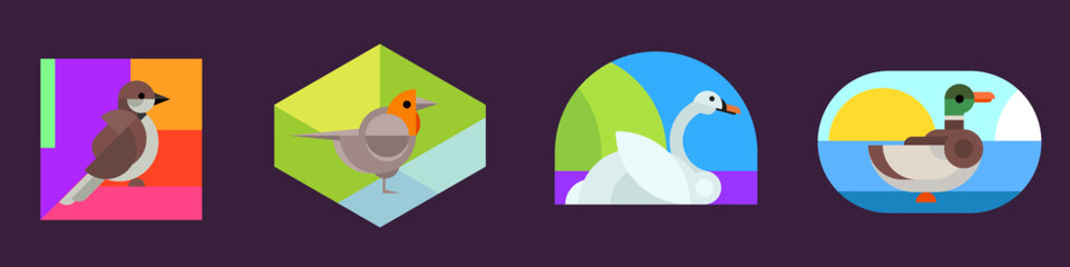 Set bright geometric sticker, patch or banner with birds in minimal mosaic fashion style. Duck, swan, sparrow, robin. Collection simple retro design elements. Vintage vector illustration.