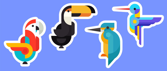 Kingfisher, hummingbird, toucan, parrot. Set bright geometric sticker, patch or badge with birds in minimal mosaic fashion style. Collection simple retro design elements. Vintage vector illustration.