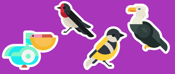 Titmouse, swallow, pelican, eagle. Set bright geometric sticker, patch or badge with birds in minimal mosaic fashion style. Collection simple retro design elements. Vintage vector illustration.