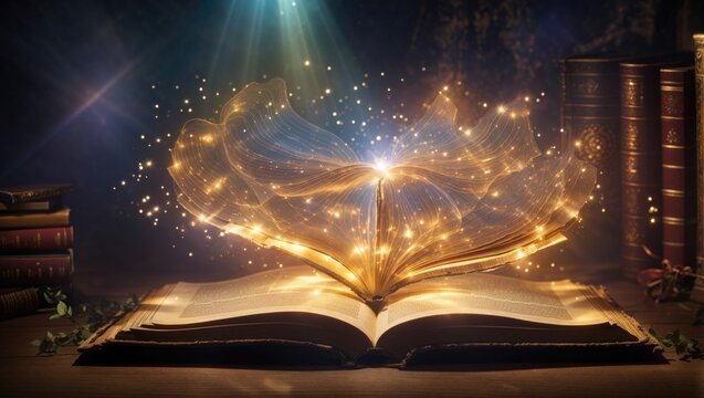 "Rays of Mystical Wisdom: Create an image of an aged book emitting enchanting rays, evoking ancient magic and secrets."