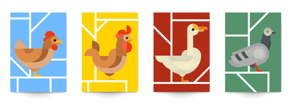 Set of minimal abstract geometric background with birds. Chicken, rooster, goose, pigeon. Creative modern composition for banner, cover, poster, card. Vector bright vintage illustration.