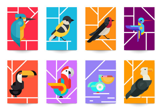 Set of minimal abstract geometric background with birds. Creative modern composition for banner, cover, poster, card. Vector bright vintage illustration.