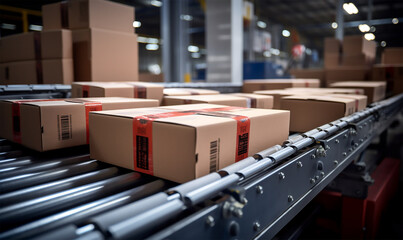multiple cardboard box packages seamlessly moving along a conveyor belt in a warehouse fulfillment center