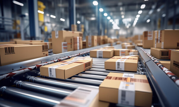 multiple cardboard box packages seamlessly moving along a conveyor belt in a warehouse fulfillment center