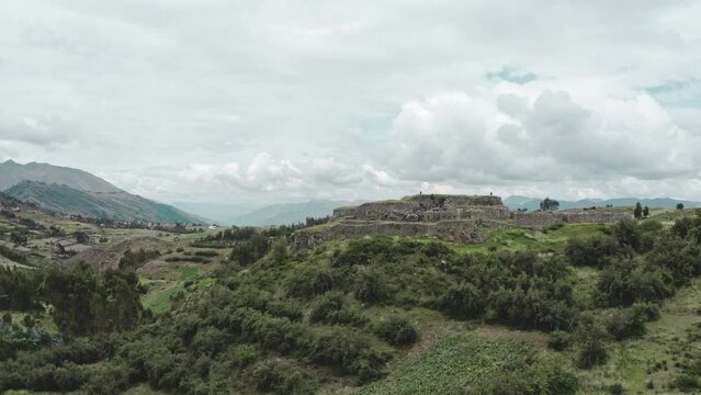 Aerial view of Ruins of the Inca fortress of Puka Pukara outside of Cusco, Peru