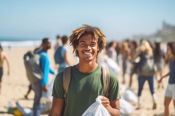 Man volunteer smiling looking at a camera picking up a plastic litter on a beach. - obrazy, fototapety, plakaty