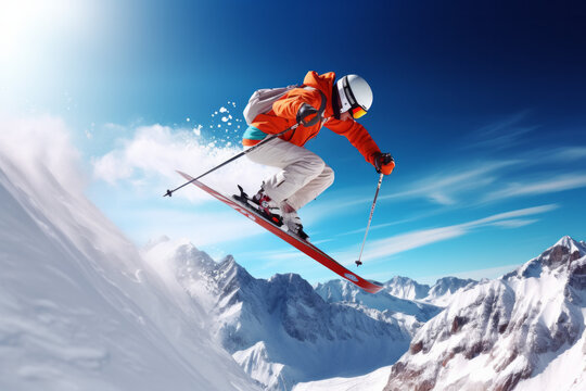 Jumping skier at jump with alpine high mountains