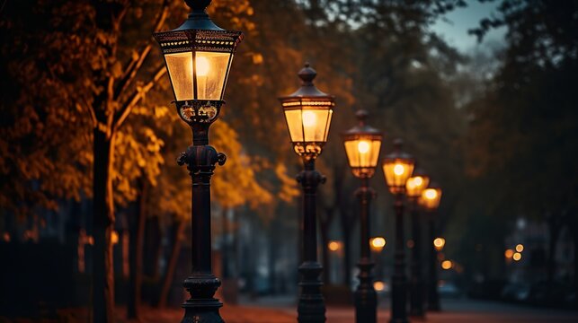 Street lamps in the night made with AI generative technology, Property is fictional