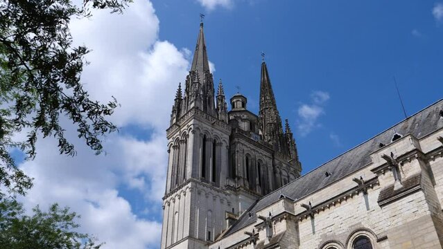 Angers, France - July 15th, 2023: The view of the Angers cathedral with a low-angle view.