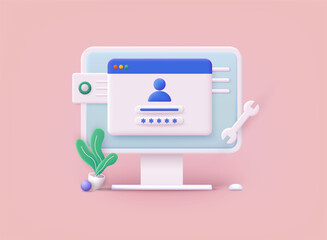Account login and password form on computer. 3D Vector Illustrations.