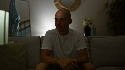 Young hispanic man sitting on sofa with serious expression at home