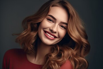 Young attractive model with beautiful curly hair radiating happiness and confidence in a fashion portrait.