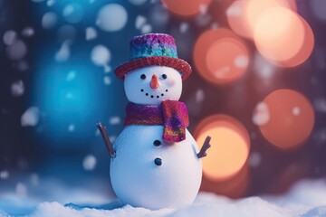 A graceful snowman greeting the festive night with cheerful delight, decorated with snowflakes and twinkling lights in a winter wonderland.