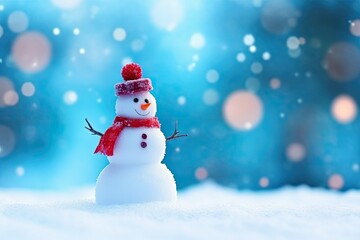 Naklejka na ściany i meble A cute snowman celebrating Christmas amid a winter wonderland, wrapped in falling snowflakes and a joyful blue background in blur.