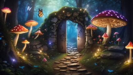 "Mystical Forest Gateway: Explore a glowing secret door in an enchanting fairy tale woodland, revealing magic and wonder amidst fairytale butterflies and mushrooms."