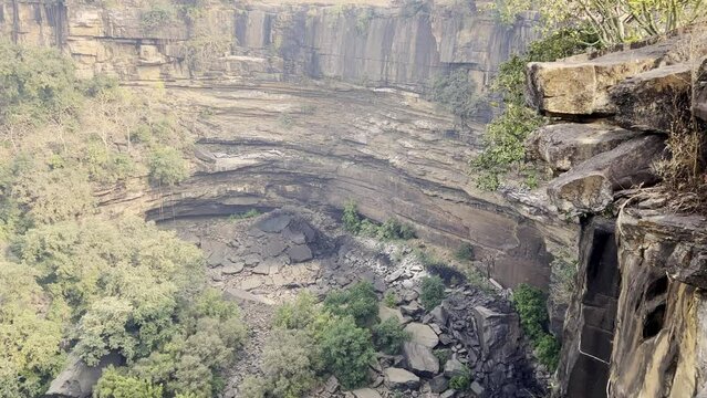 pan shot of dundhwa Seha valley or gorge canyon or vulture point at panna national park forest tiger reserve madhya pradesh india