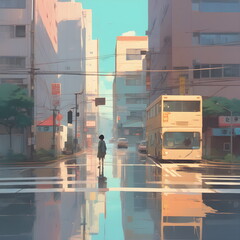 Minimal art with soft colors about rainy In the middle of the road there is a high building on the side of the road. generative ai