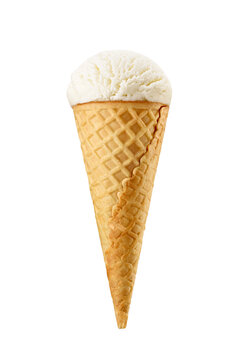 Vanilla ice cream in a sugar crispy waffle cone isolated. Transparent PNG image.