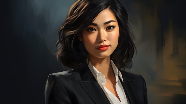 Photo Of A Stylish Woman In A Suit, Digitally Painted With Vibrant Colors And Intricate Details